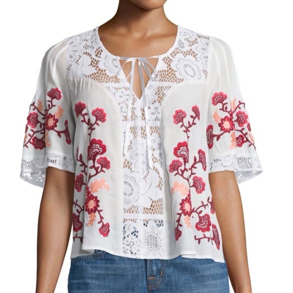 For Love & Lemons Embroidered Floral White and Red Women's Top